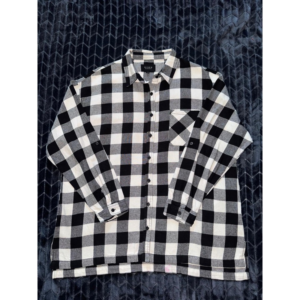 Risen Buffalo Plaid Flannel Shirt Oversized Black White Checkered Women's Size M